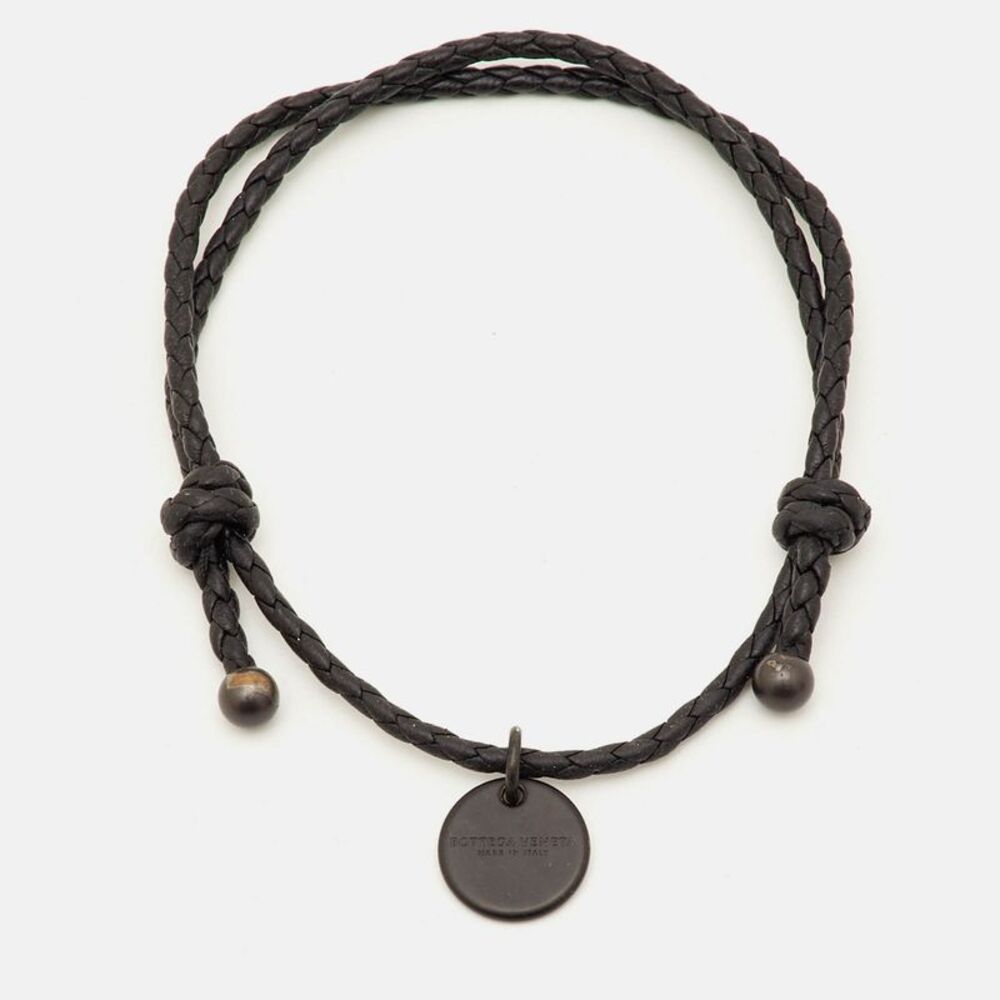 Bottega Veneta Braided Leather Gunmetal Tone Adjustable Bracelet